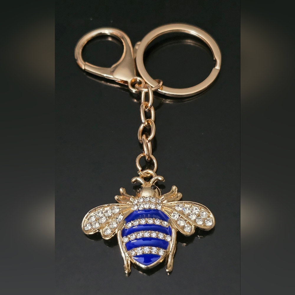 Gold and Blue Bee Bag Charm/Keychain With Crystal Rhinestones